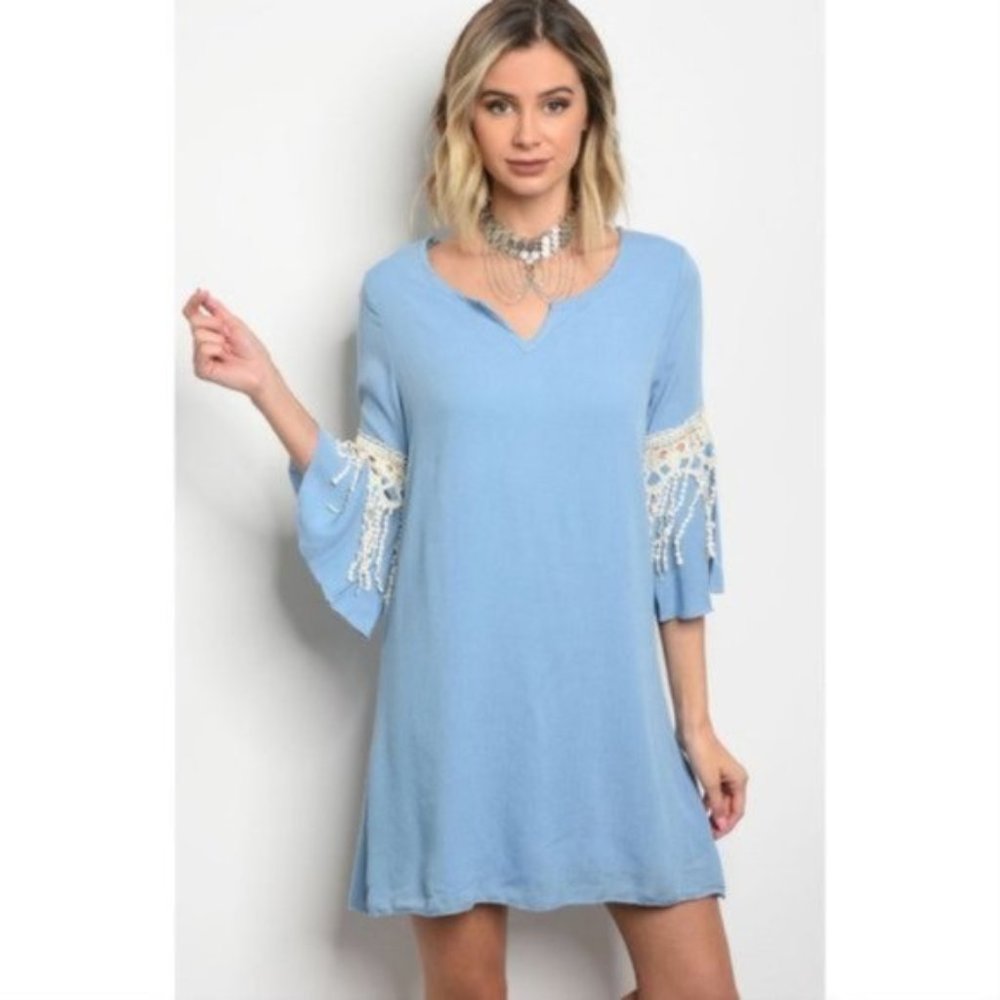 Blue Belle Sleeve Dress With Crochet Detail